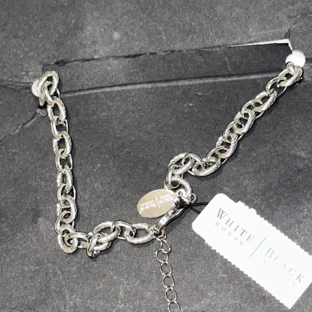 White House Black Market Silver Tone Pave Crystal Black Bead Statement Necklace